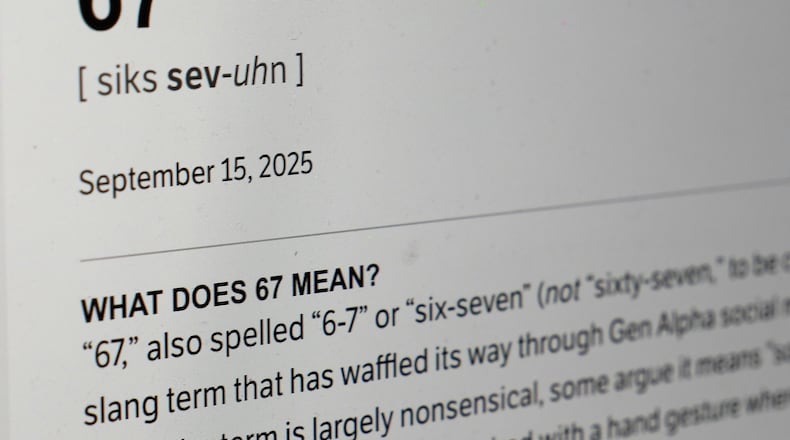 FILE - This Dictionary.com page shows the newest word of the year "6-7" on a computer screen, Thursday, Oct. 30, 2025, in Chicago. (AP Photo/Kiichiro Sato, File)