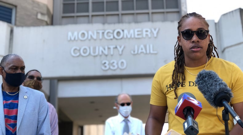 Daj'za Demmings speaks at a press conference outside the Montgomery County Jail earlier this month. CORNELIUS FROLIK / STAFF