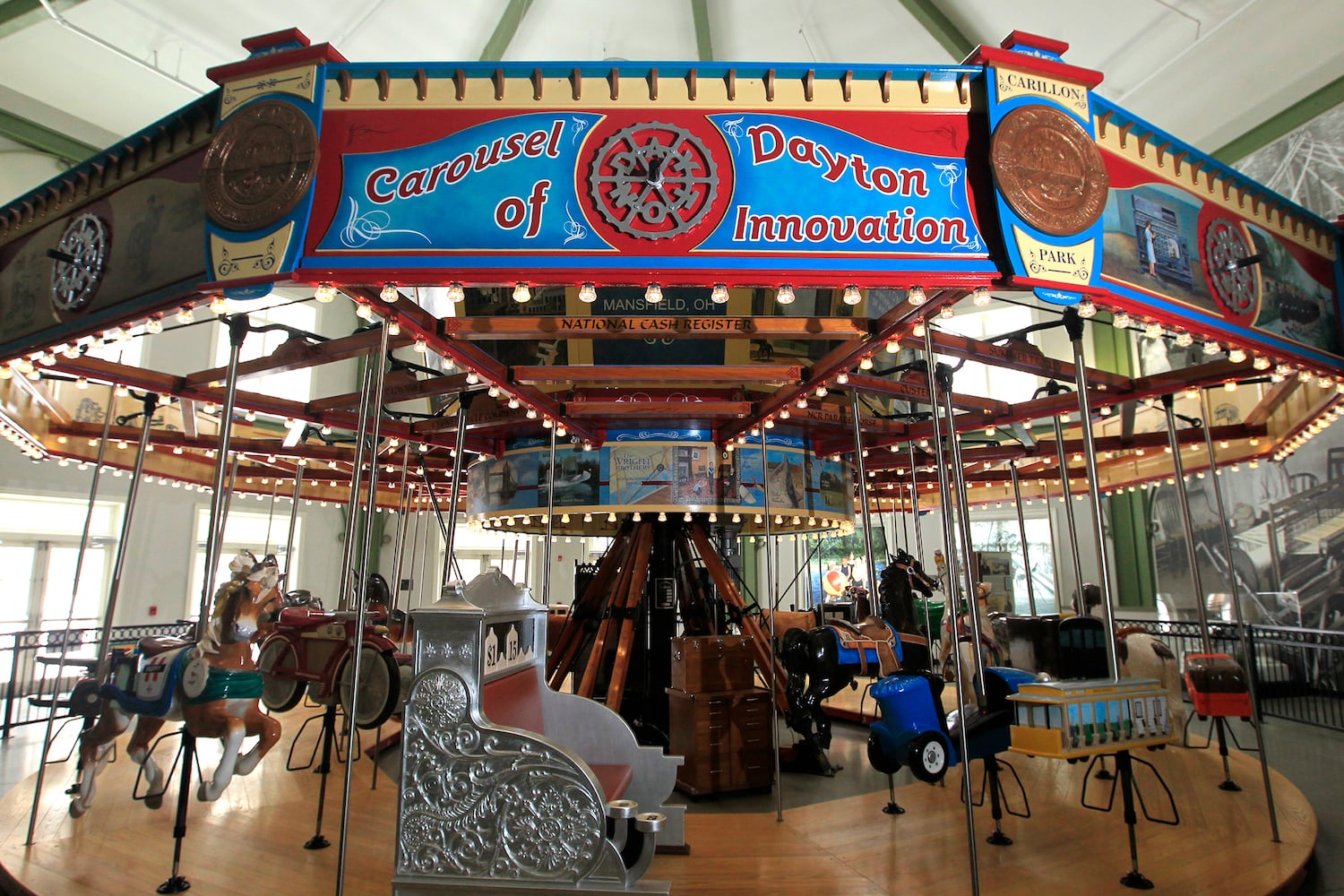 The Carousel of Dayton Innovation, at Carillon Historical Park, is a whimsical ride made of 32 hand-carved figures from the Gem City’s history.