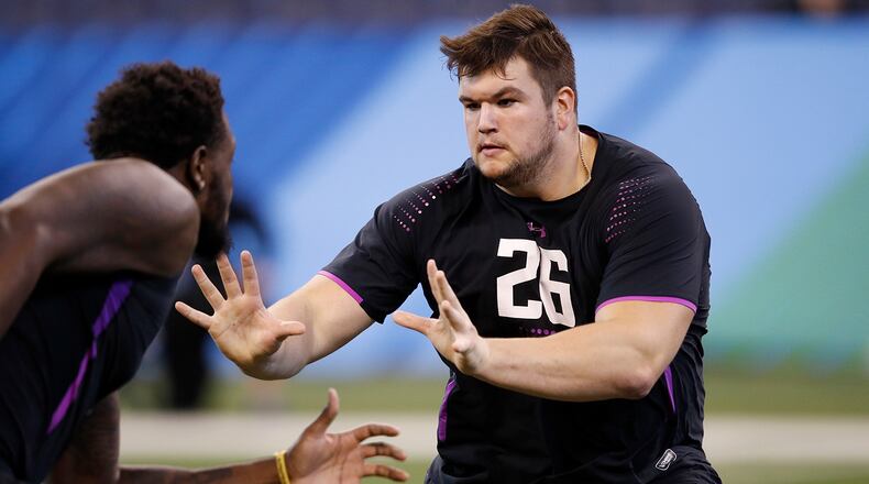 INDIANAPOLIS, IN - MARCH 02: Notre Dame offensive lineman Quenton Nelson in action during the 2018 NFL Combine at Lucas Oil Stadium on March 2, 2018 in Indianapolis, Indiana. (Photo by Joe Robbins/Getty Images)