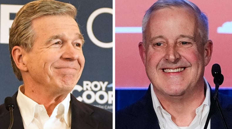 This combo image shows North Carolina Democratic Senate candidate former Gov. Roy Cooper, left, and Republican candidate former RNC Chairman Michael Whatley, both speaking at separate primary election night watch parties Tuesday, March 3, 2026, in Raleigh, N.C. (AP Photo/Matt Ramey, Erik Verduzco)