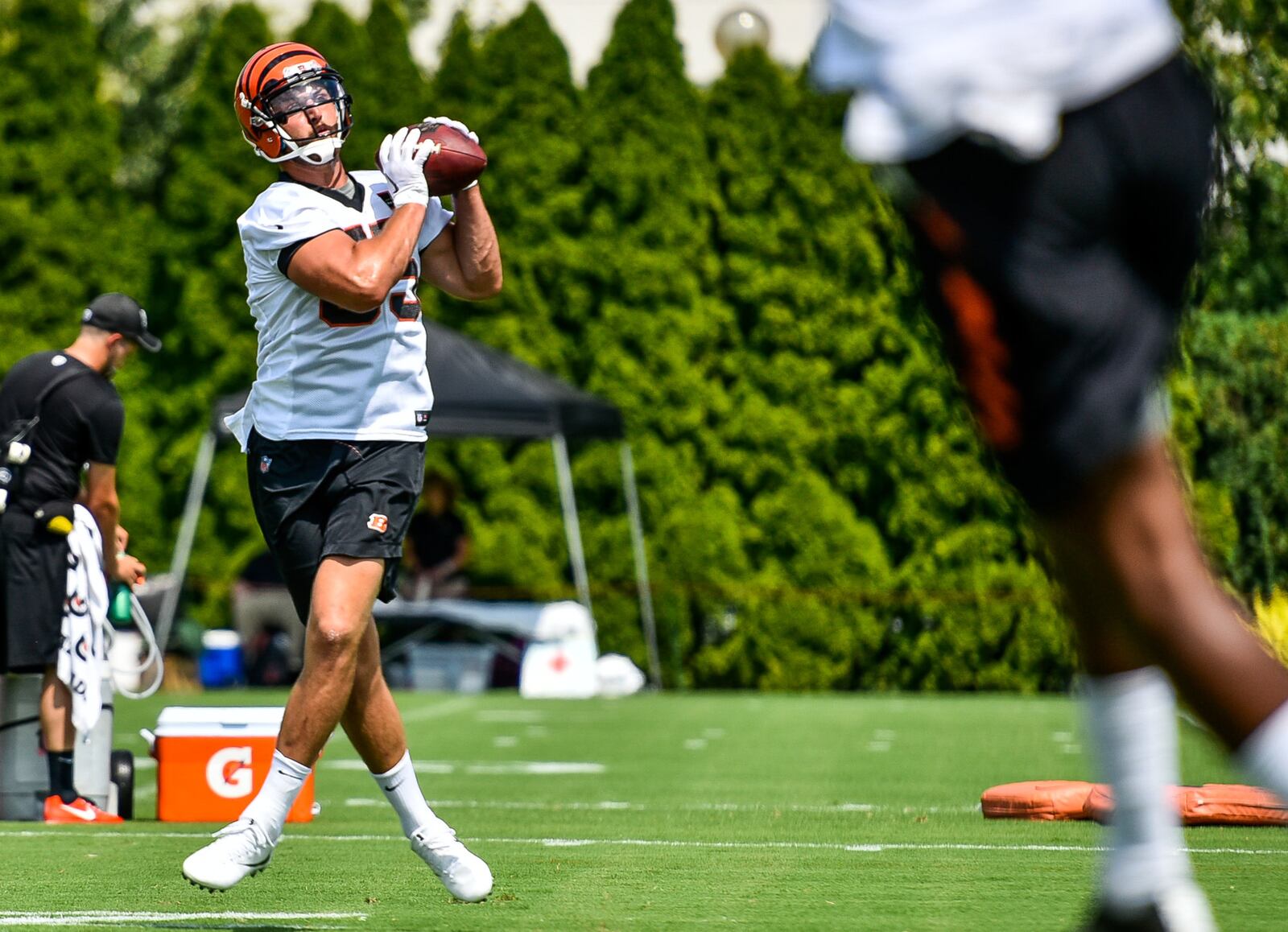 Tight end Tyler Eifert catches a pass during the first day of Cincinnati Bengals Training Camp Friday, July 28 at the practice fields beside Paul Brown Stadium in Cincinnati. NICK GRAHAM/STAFF