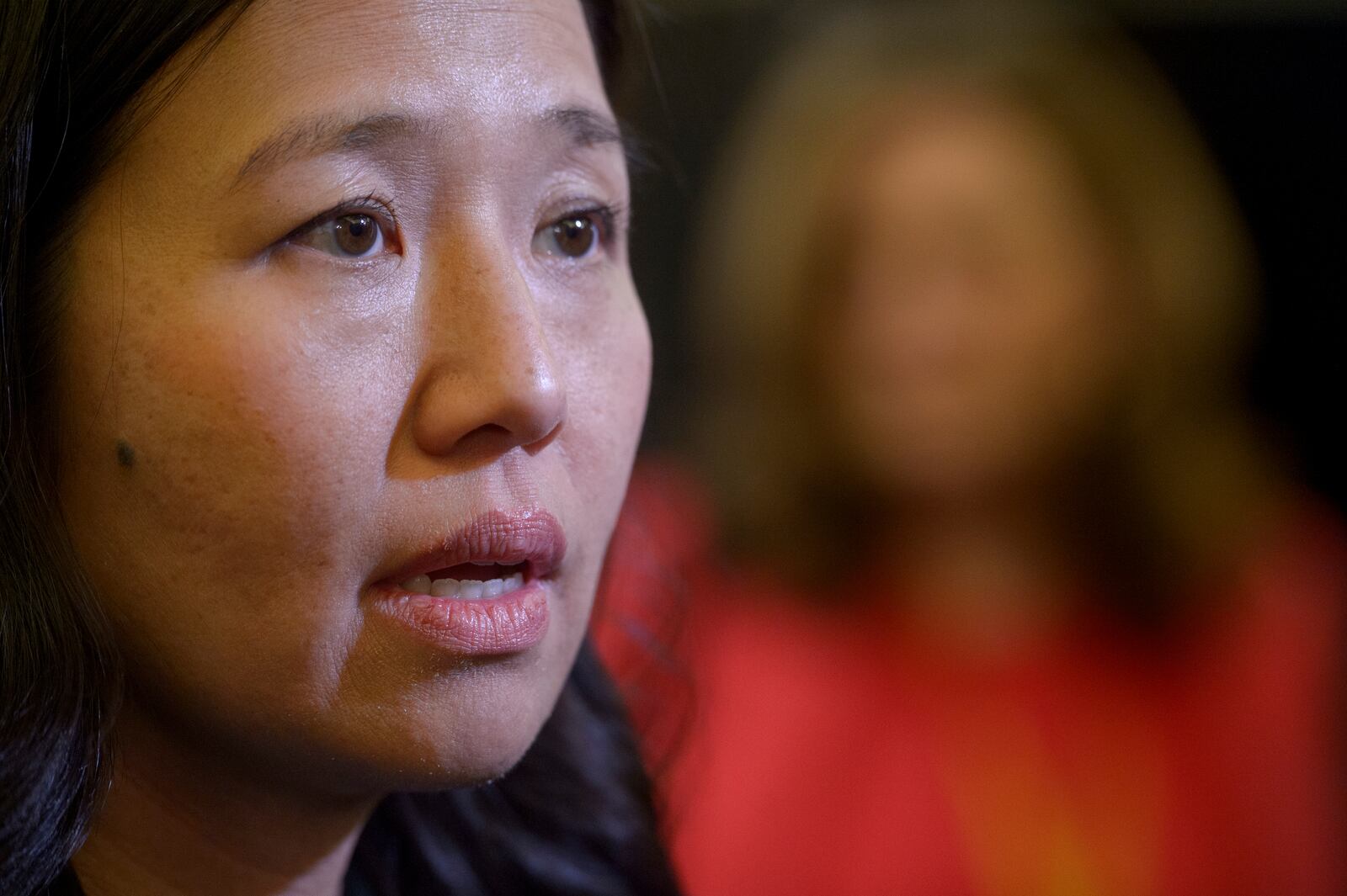 FILE - Boston Mayor Michelle Wu talks with reporters following a Massachusetts Congressional Delegation press conference March 4, 2025, in Washington. (AP Photo/Rod Lamkey, Jr., File)