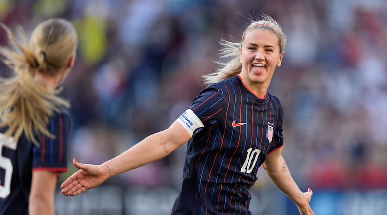 United States midfielder Lindsey Heaps (10) celebrates her goal during the first half of a SheBelieves Cup women's soccer tournament match against Argentina, Sunday, March 1, 2026, in Nashville, Tenn. (AP Photo/George Walker IV)