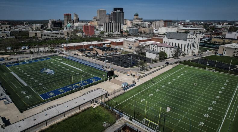 This is an aerial of CJ campus including the soccer and football fields. The city of Dayton Ohio is in the background. JIM NOELKER/STAFF
