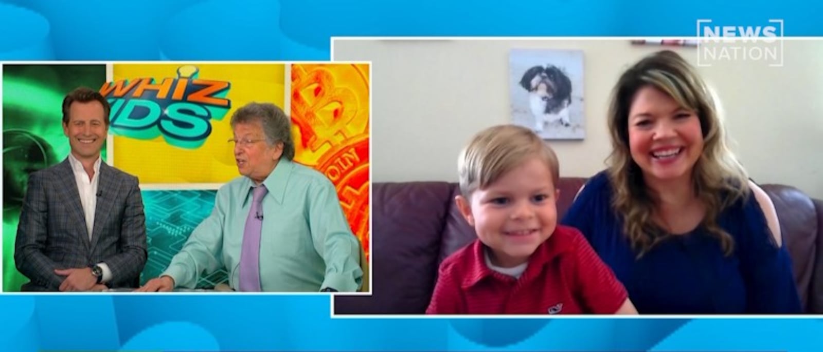Vincent Palmer, with his mother, Jane, appear on NewsNation's new YouTube series "Whiz Kids" co-hosted by NewsNation's Connell McShane (left) and WPIX's Mr. G (right). CONTRIBUTED