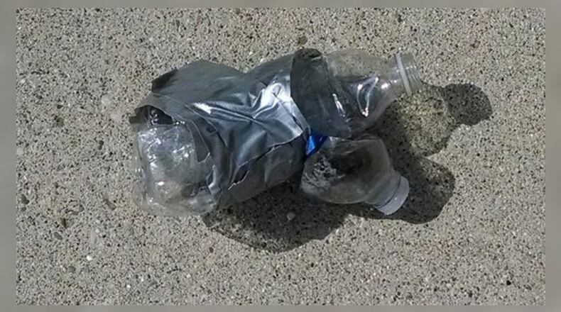 These are the remains of a chemical-filled, pop-bottle bomb that exploded in Liberty Twp. in 2014. CONTRIBUTED