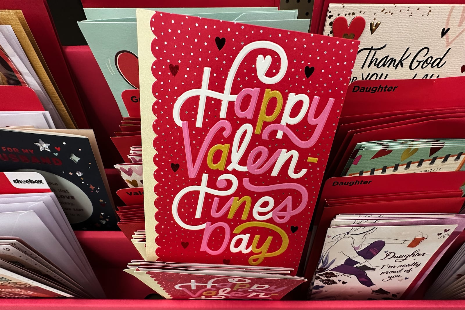 Valentine's day cards are displayed at a retail store in Lincolnshire, Ill., Wednesday, Jan. 28, 2026. (AP Photo/Nam Y. Huh)