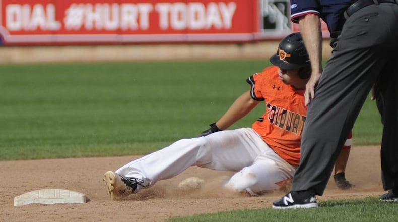 Coldwater’s Myles Blasingame slides safely into second base. Coldwater defeated Cincinnati Roger Bacon 12-7 in a high school baseball D-II state semifinal at Canal Park in Akron on Saturday, June 8, 2019. MARC PENDLETON / STAFF