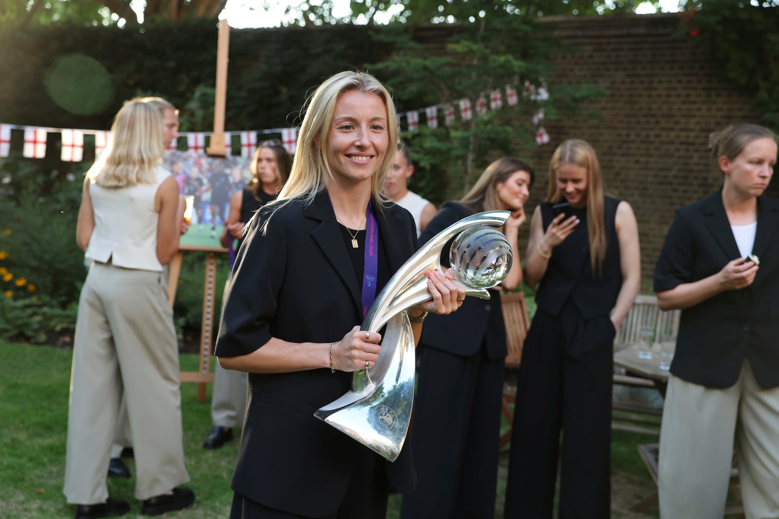 England's Leah Williamson during a special reception, to celebrate their victory in the Women's Euro 2025 final, at Downing Street in London, Monday, July 28, 2025. (Richard Pohle/Pool Photo via AP)