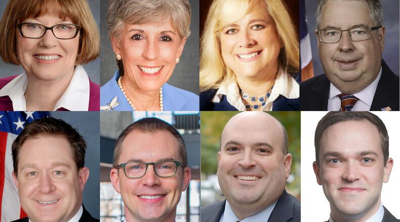 Top row: Two Montgomery County Commission seats are contested. Montgomery County Commissioner Judy Dodge, left, a Democrat running for re-election, faces Republican Arlene Setzer, second from left, a former state representative and past mayor of Vandalia. Montgomery County Commissioner Debbie Lieberman, third from left, a Democrat running for re-election, faces Republican Bob Matthews, right, a former Miami Twp. trustee and information technology project manager. Bottom row: Montgomery County Clerk of Courts Mike Foley, left, faces Democrat Zach Dickerson, second from left. In the race for Montgomery County treasurer, Russ Joseph, a DemocraT pictured third from left, faces Republican challenger John McManus, right. SUBMITTED PHOTOGRAPHS