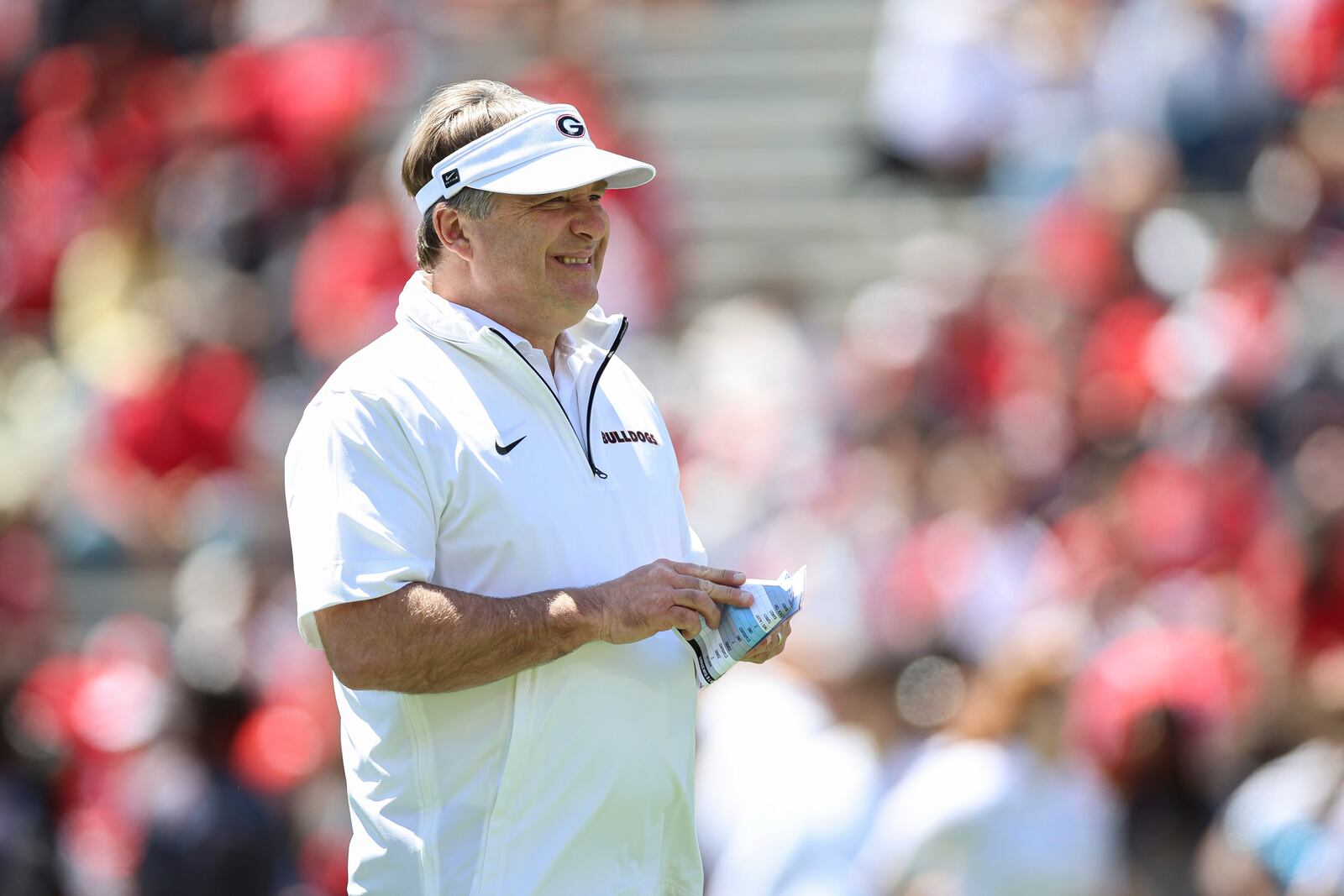 Georgia head coach Kirby Smart looks on during the team's NCAA college football spring game, Saturday, April 12, 2025, in Athens, Ga. (AP Photo/Colin Hubbard)