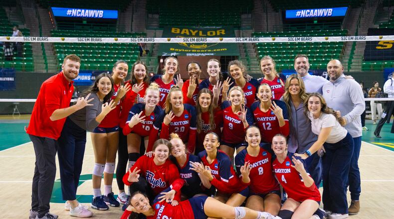 The Dayton volleyball team poses for a photo after beating Baylor in the second round of the NCAA tournament on Friday, Dec. 6, 2024, in Waco, Texas. Photo courtesy of UD