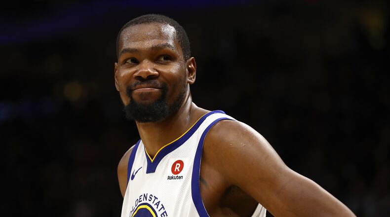 CLEVELAND, OH - JUNE 06: Kevin Durant #35 of the Golden State Warriors reacts against the Cleveland Cavaliers in the second half during Game Three of the 2018 NBA Finals at Quicken Loans Arena on June 6, 2018 in Cleveland, Ohio. NOTE TO USER: User expressly acknowledges and agrees that, by downloading and or using this photograph, User is consenting to the terms and conditions of the Getty Images License Agreement. (Photo by Gregory Shamus/Getty Images)