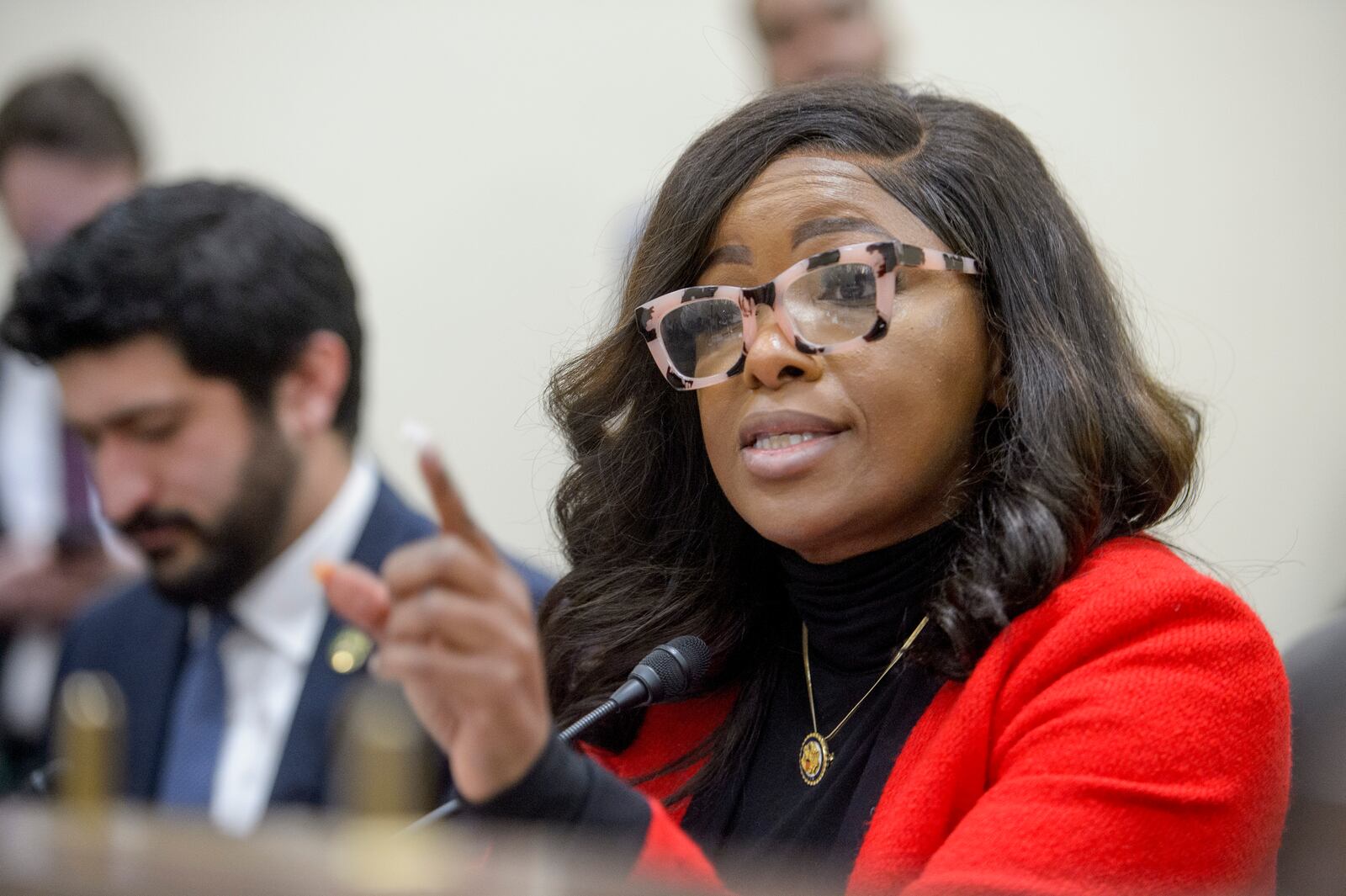 FILE - Rep. Jasmine Crockett, D-Texas, questions the witnesses during a House Committee on Oversight and Government Reform Subcommittee hearing on government efficiency on Capitol Hill, Feb. 12, 2025, in Washington. (AP Photo/Rod Lamkey, Jr., File)