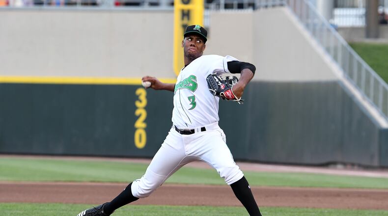 Dayton’s Hunter Greene fires a pitch plateward during Tuesday night’s game at Fifth Third Field. Nick Falzerano/CONTRIBUTED