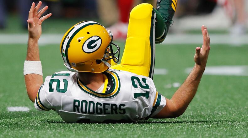ATLANTA, GA - SEPTEMBER 17: Aaron Rodgers #12 of the Green Bay Packers reacts during the first half against the Atlanta Falcons at Mercedes-Benz Stadium on September 17, 2017 in Atlanta, Georgia. (Photo by Kevin C. Cox/Getty Images)