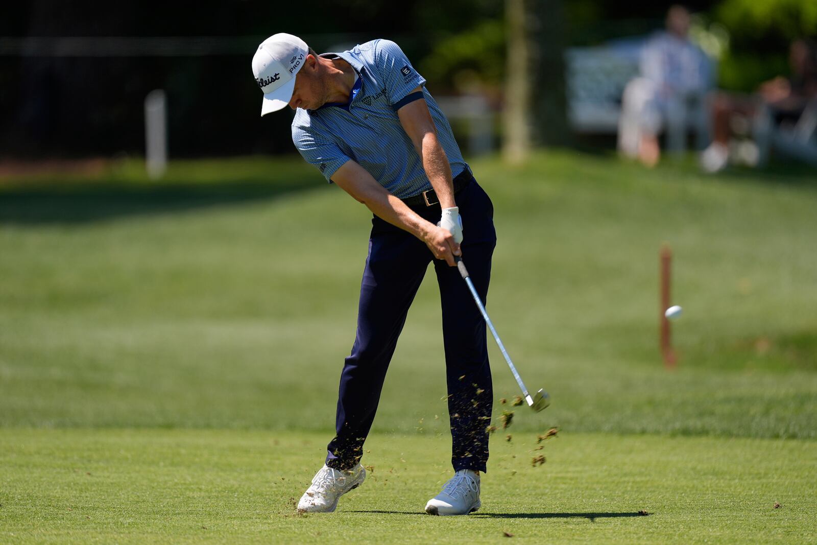 Justin Thomas hits from the eighth fairway during the first round of the RBC Heritage golf tournament, Thursday, April 17, 2025, in Hilton Head Island, S.C. (AP Photo/Mike Stewart)