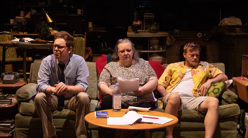 Left to right: Brandon Shockney (Jim), Jennifer Lockwood (Emily) and Jared Mola (John) in Dayton Theatre Guild's production of "The Lifespan of a Fact," continuing through Sept. 11. RICK FLYNN PHOTOGRAPHY