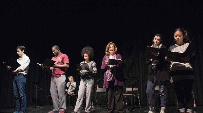 (left to right) Santino Garofalo, Martez Warren, Gloria Humphrey, Donna Beran, Colleen Kelch, and Gissela Gualoto will be featured in University of Dayton’s production of “iDream,” an original play by UD alumnae, Dec. 7 in Fitz Hall Black Box Theatre. CONTRIBUTED