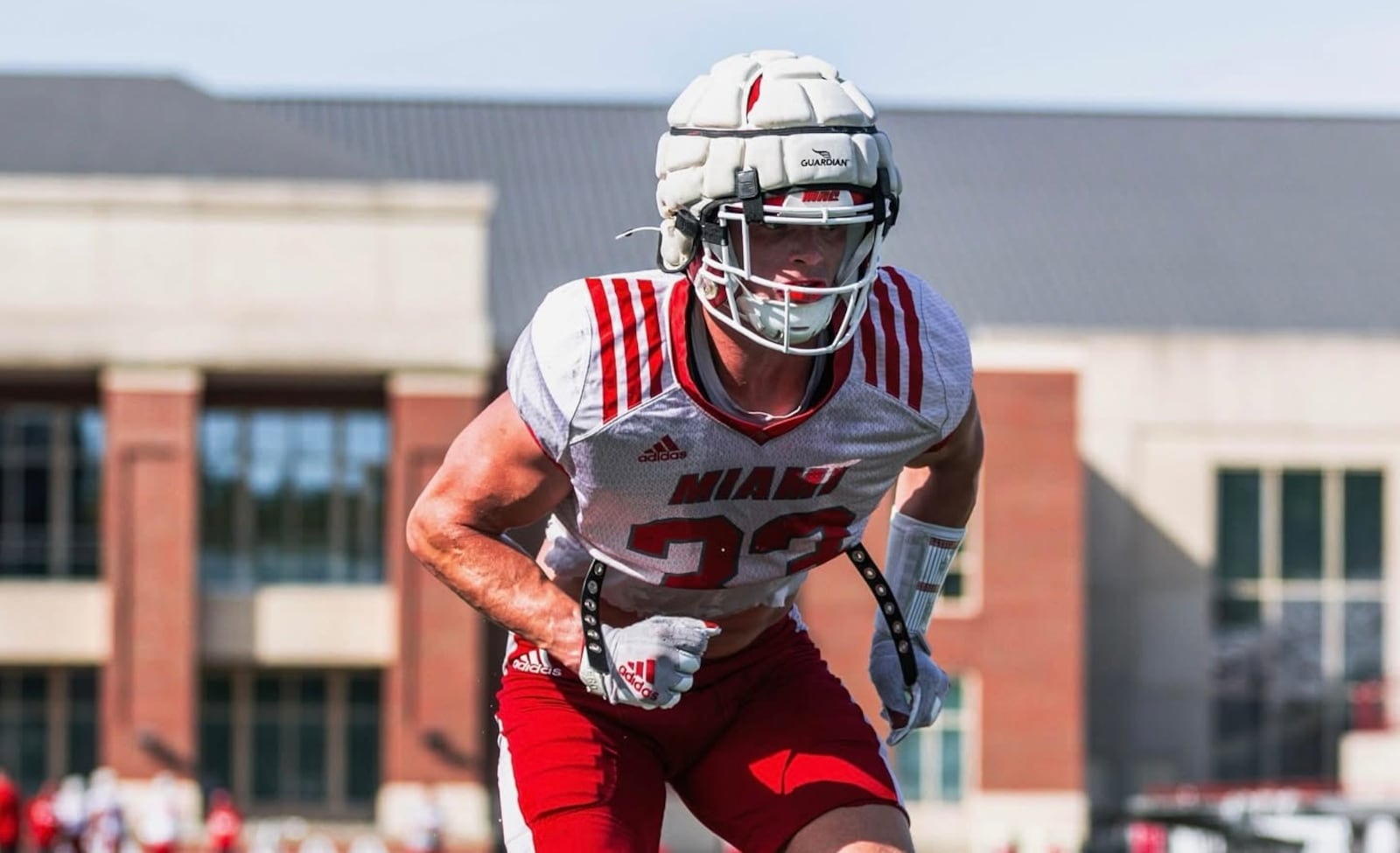 Miami’s Jackson Kuwatch runs a drill during a preseason practice at Yager Stadium. MIAMI ATHLETICS PHOTO