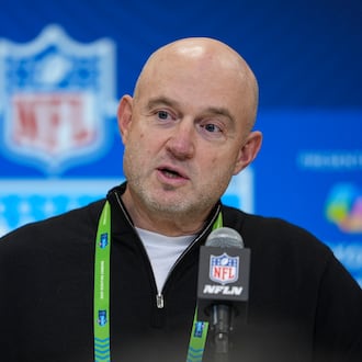 Cincinnati Bengals director of player personnel Duke Tobin speaks during a press conference at the NFL football scouting combine in Indianapolis, Tuesday, Feb. 25, 2025. (AP Photo/Michael Conroy)