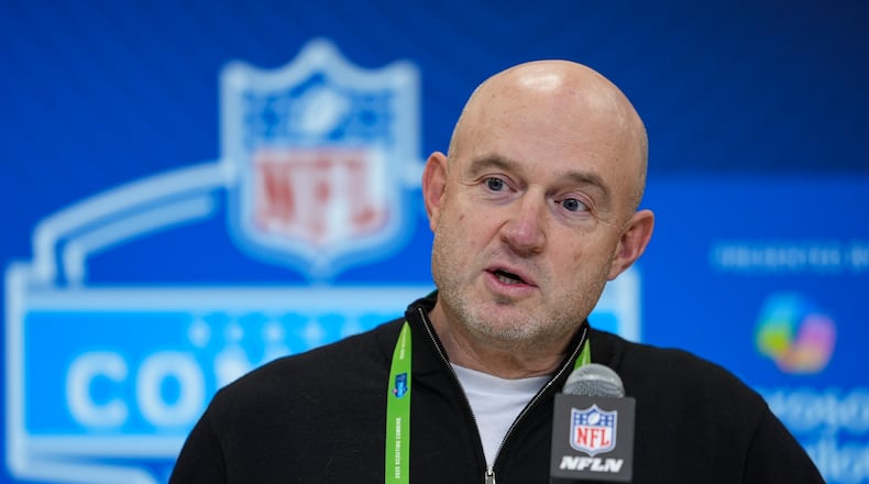 Cincinnati Bengals director of player personnel Duke Tobin speaks during a press conference at the NFL football scouting combine in Indianapolis, Tuesday, Feb. 25, 2025. (AP Photo/Michael Conroy)
