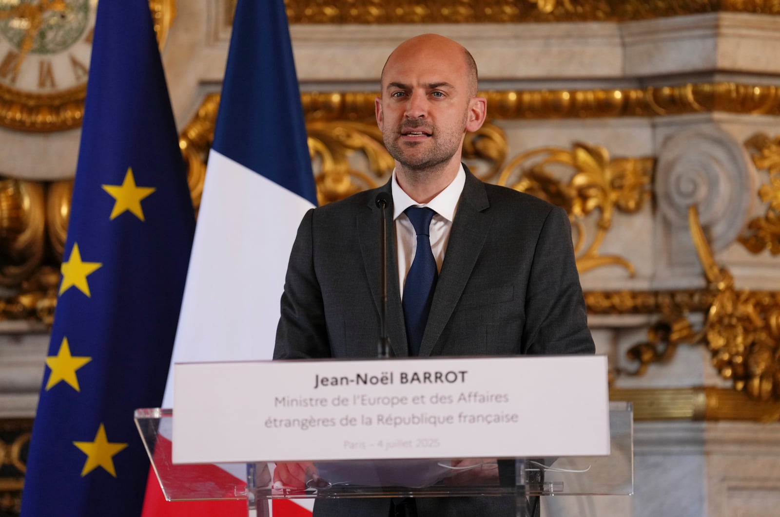 French Foreign Minister Jean-Noël Barrot speaks to journalists during a news conference at the foreign ministry in Paris, Friday, July 4, 2025. (AP Photo/Aurelien Morissard, Pool)