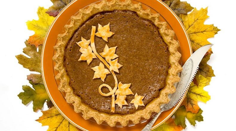 Pumpkin Pie wilth Mascarpone update is adorned with leaves and twigs made from leftover pie dough. (Nick Koon/Orange County Register/TNS)