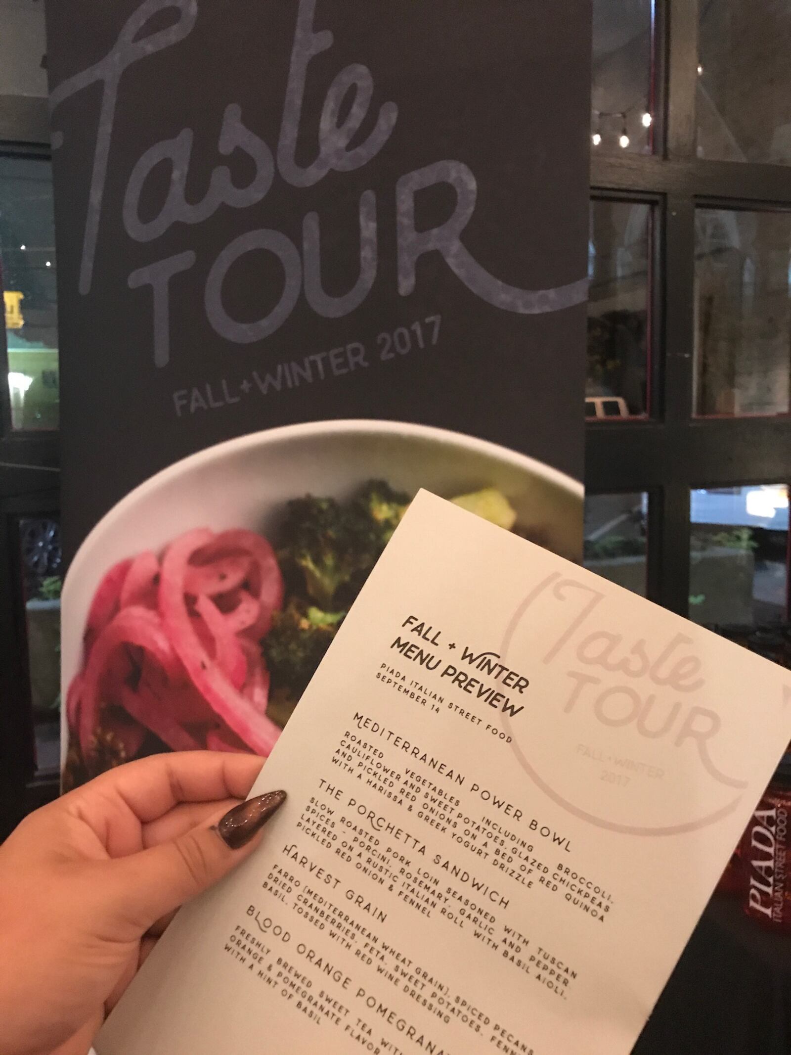 To launch the new menu, Piada hosted its first ever Taste Tour, giving Piada’s biggest fans around the nation the opportunity to taste the new fall and winter menu before anyone else. We tried the new Harvest Grain & Apple Salad, Mediterranean Power Bowl, Porchetta Sandwich and Blood Orange Pomegranate Tea at the Dayton Taste Tour stop at Speakeasy Yoga.