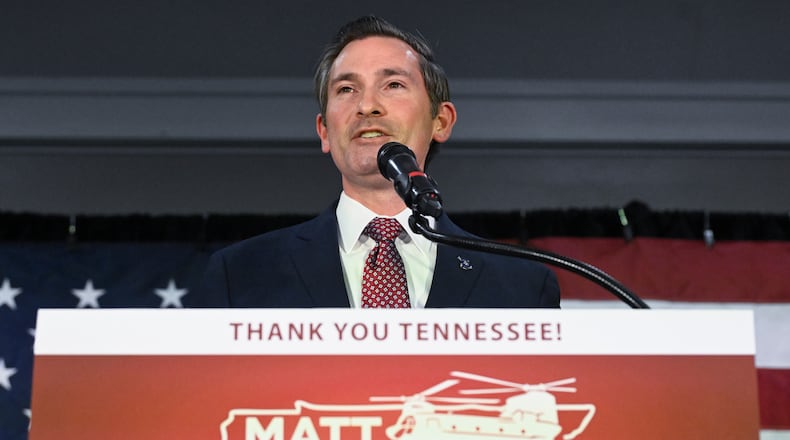 Republican candidate Matt Van Epps speaks at a watch party to declare victory in a special election for the U.S. seventh congressional district, Tuesday, Dec. 2, 2025, in Nashville, Tenn. (AP Photo/John Amis)