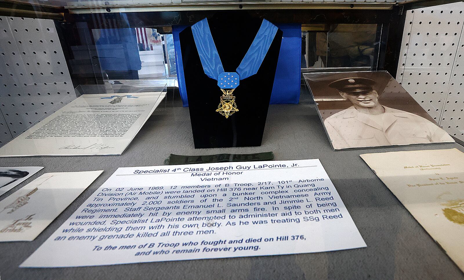 The display for Specialist 4th Class Joseph Guy LaPointe, Jr. Vietnam, Medal of Honor winner at the Miami Valley Military History Museum in Fairborn. MARSHALL GORBY\STAFF