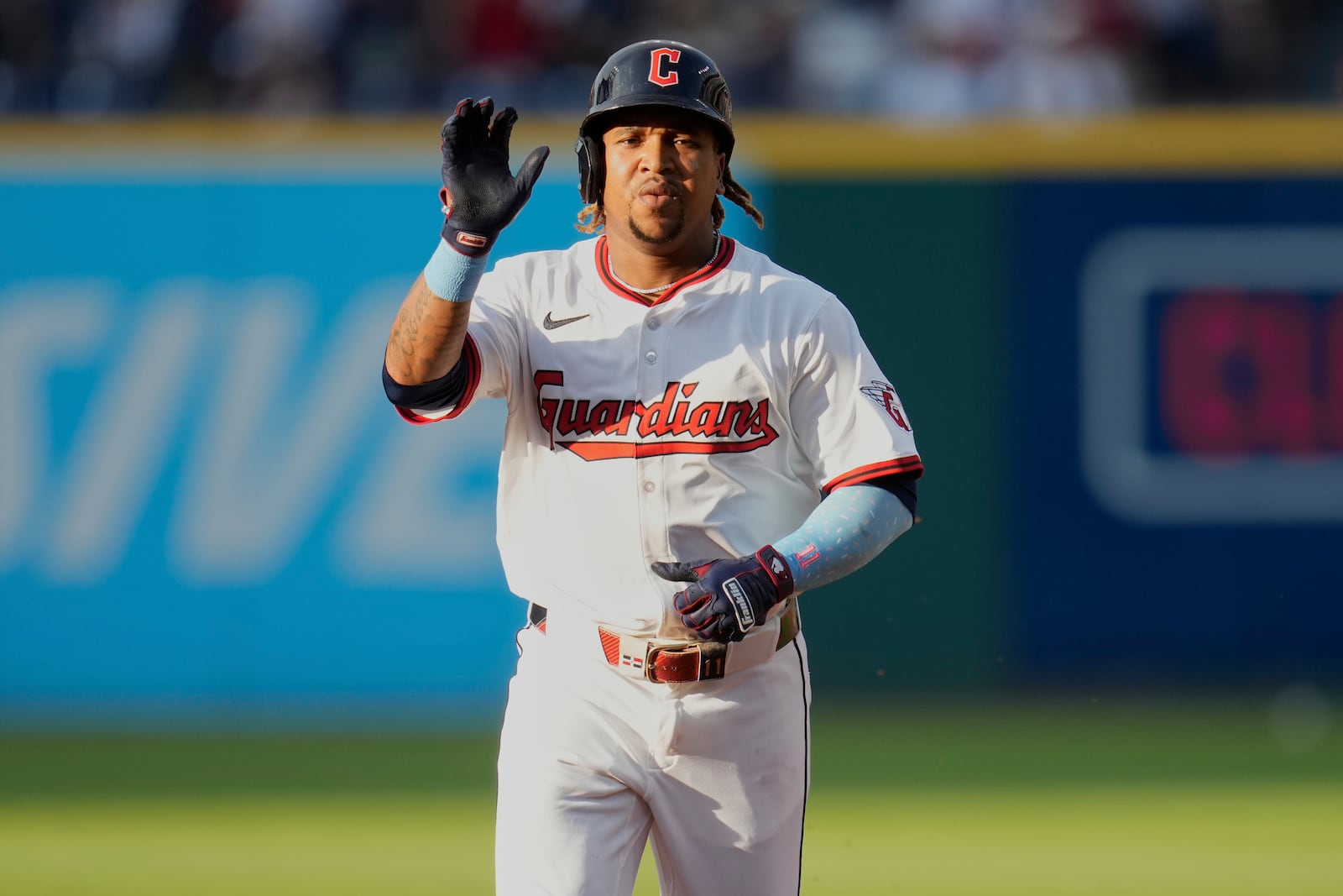 Cleveland Guardians' José Ramírez gestures as he runs the bases on a home run in the first inning of a baseball game against the Detroit Tigers in Cleveland, Friday, July 4, 2025. (AP Photo/Sue Ogrocki)