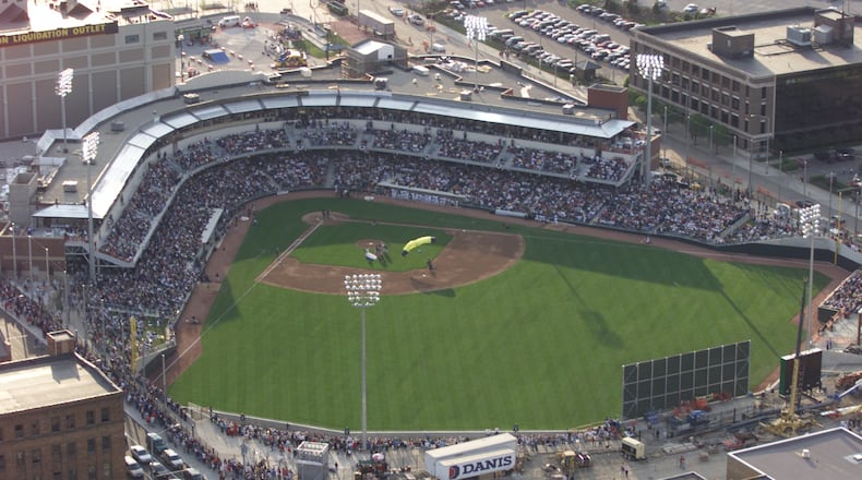 An aerial view of Fifth Third Field on the stadium’s opening evening in April 2000. FILE