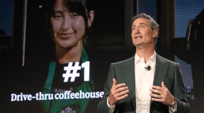 Starbucks Chairman and CEO Brian Niccol speaks during the Starbucks Investor Day event, in New York, Thursday, Jan. 29, 2026. (AP Photo/Richard Drew)