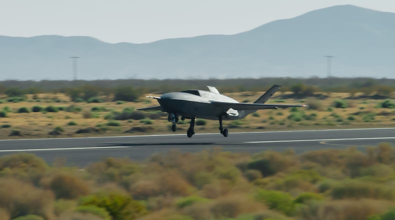 A YFQ-42A Collaborative Combat Aircraft takes off during flight testing in California. The aircraft was developed in partnership with General Atomics as part of the Air Force’s effort to accelerate delivery of affordable, semi-autonomous aircraft. (Air Force photo)