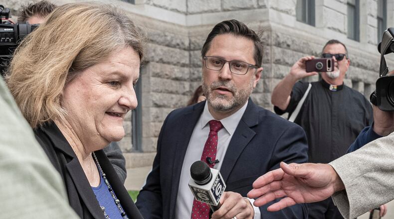 FILE - Milwaukee County Circuit Judge Hannah Dugan leaves the federal courthouse after a hearing Thursday, May 15, 2025, in Milwaukee. (AP Photo/Andy Manis, File)