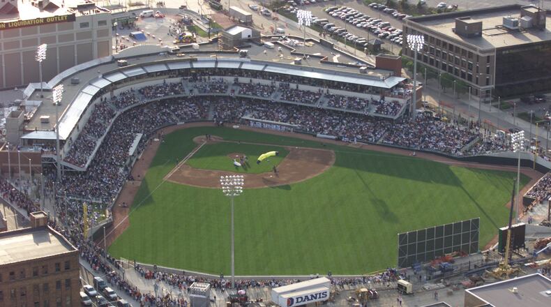 An aerial view of Fifth Third Field on the opening night for the Dayton Dragons in April 2000.