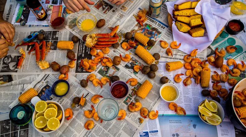 Scatter the shrimp boil ingredients on your finest linen (not!), and make sure you have plenty of napkins nearby. (Contributed by LibbyVision.com)