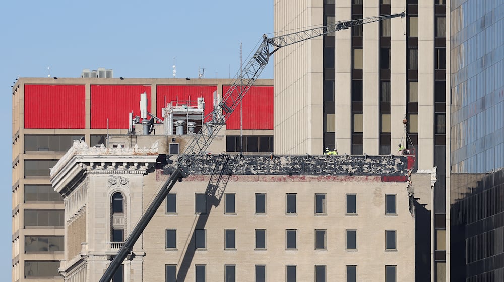 During high winds in March 2025, bricks in the upper part of the building next to Stratacache Tower fell into an alley. The building is owned by the Montgomery County Land Bank and maintained by the city of Dayton. The city is working with an Ohio architecture firm to analyze possible reuse of the building. BRYANT BILLING / STAFF