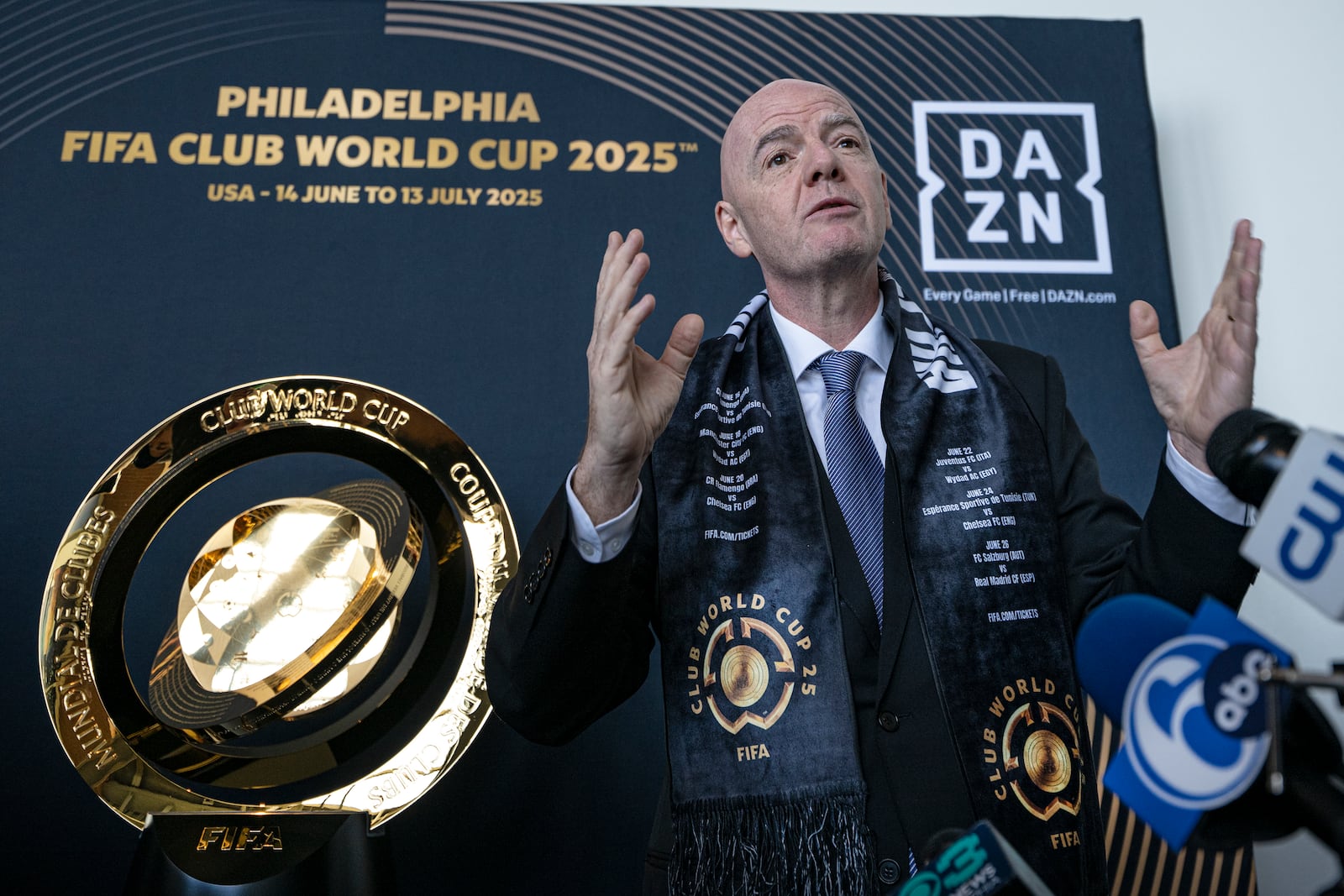FIFA President Gianni Infantino speaks to the media at a welcoming event for the 2025 FIFA Club World Cup soccer tournament, Thursday, April 10, 2025, in Philadelphia. (Jose F. Moreno/The Philadelphia Inquirer via AP)