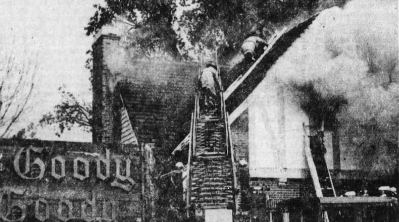 Smoke billows from attic storage area of Goody Goody Restaurant on Salem Ave. Photo by Eddie Roberts/Daily News from Aug. 27, 1977 issue of Dayton Daily News.