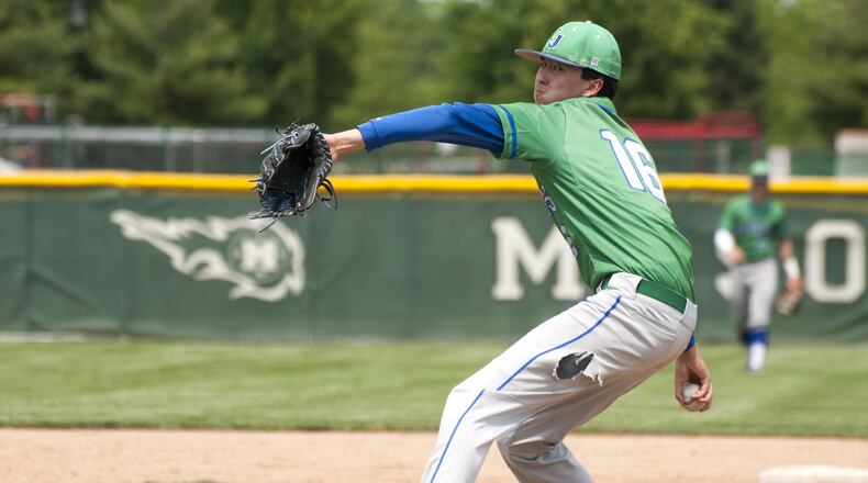 Chaminade Julienne senior Nick Wissman didn’t allow a run until the seventh inning in leading the Eagles to a 3-1 victory over Granville in a Division II regional semifinal Saturday at Mason High School. Jeff Gilbert/CONTRIBUTED
