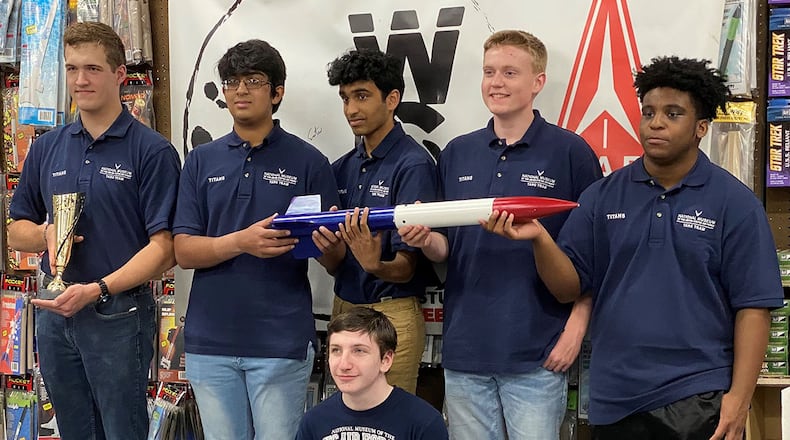 Team Titan, the National Museum of the U.S. Air Force’s entry in The American Rocketry Challenge, includes: Noah Hall (front row, kneeling); second row (from left): Harrison Jacob, Shourjo Ganguli, Aditya Anand, Adam Bellware and Olondo Dillard. CONTRIBUTED PHOTO