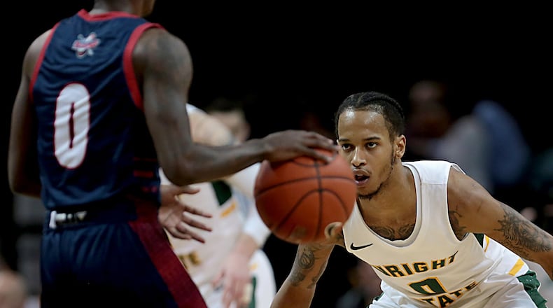 Wright State University guard Jaylon Hall covers Detroit Mercy guard Antoine Davis during their Horizon League game at the Nutter Center in Fairborn Thursday, Feb. 6, 2020. Wright State won 98-86. Contributed photo by E.L. Hubbard
