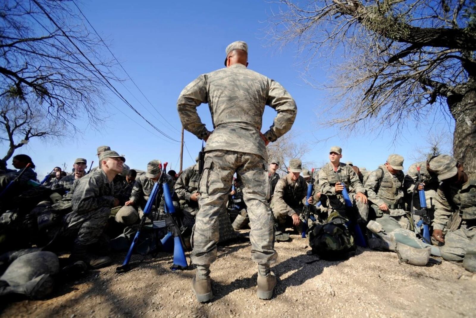 Master Sergeant Tim Burton, Military Training Instructor, 737 Training Support Squadron, prepares his basic trainees for gas mask training at the Basic Expeditionary Airman Skills Training program in Medina AB, San Antonio, Texas, in this 2009 Air Force photo.