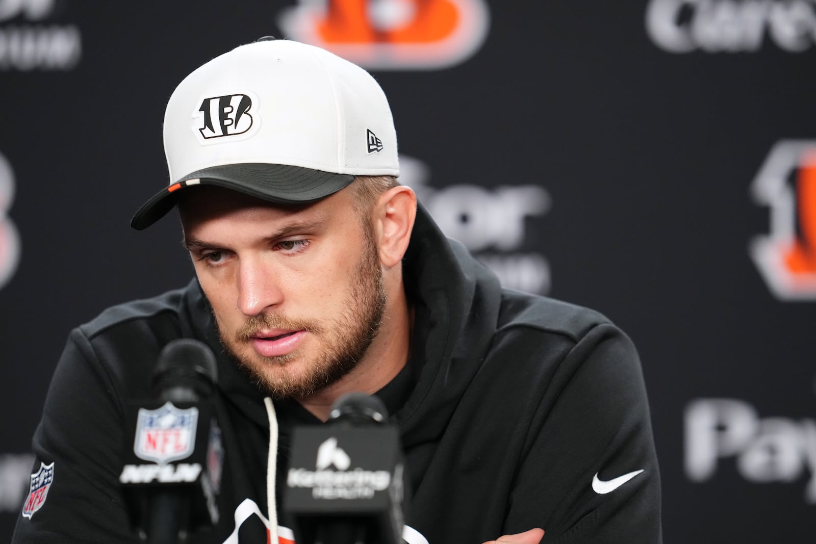 Cincinnati Bengals quarterback Jake Browning talks with the media after an NFL football game against the Detroit Lions Sunday, Oct. 5, 2025, in Cincinnati. (AP Photo/Jeff Dean)