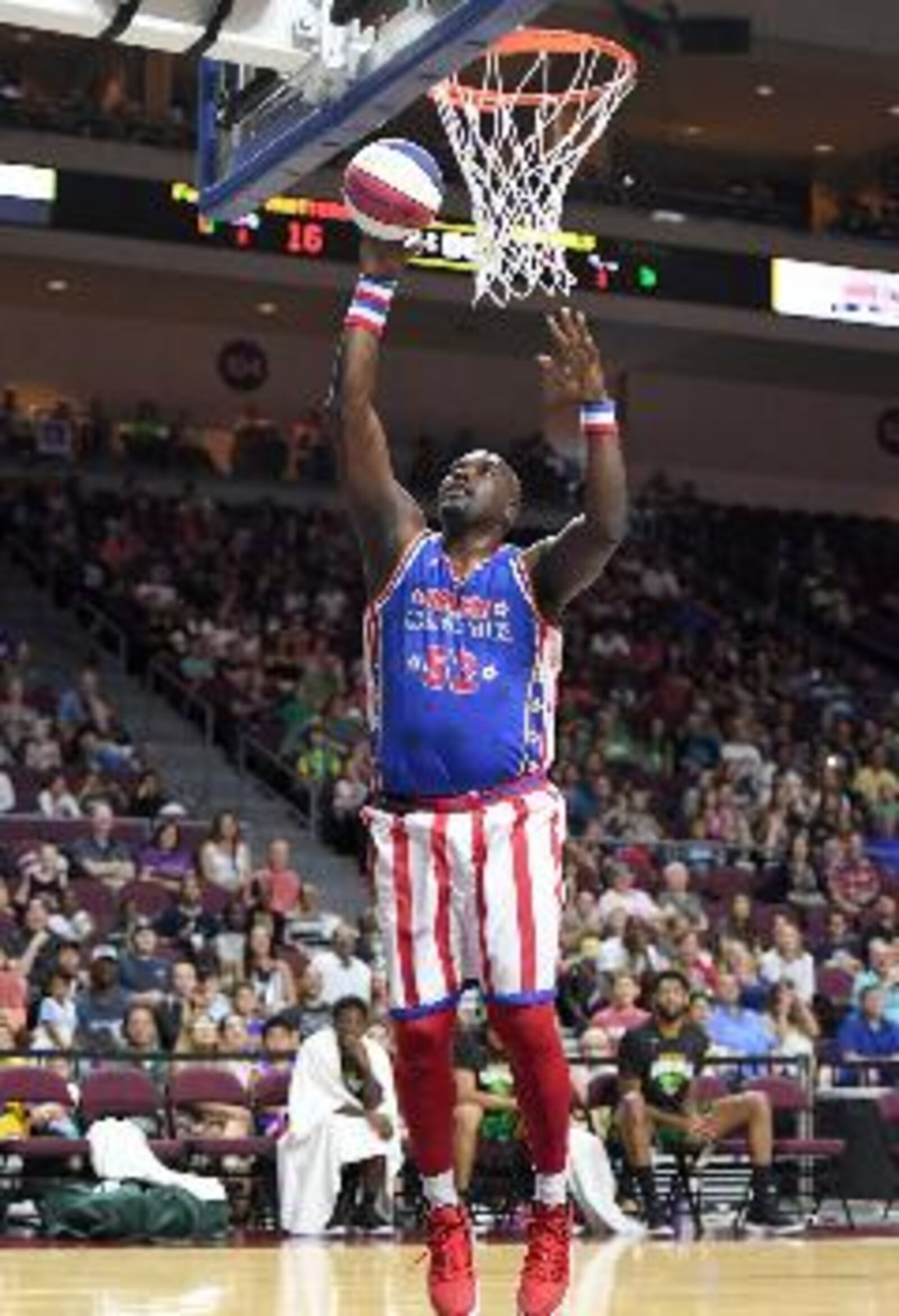 Nate “Big Easy” Lofton #52 of the Harlem Globetrotters shoots a layup during an exhibition game against the Washington Generals at the Orleans Arena on Aug. 25, 2019, in Las Vegas, Nevada. The Globetrotters will return to Dayton for their annual New Year’s Eve event at Wright State’s Nutter Center. (Photo by Ethan Miller/Getty Images)