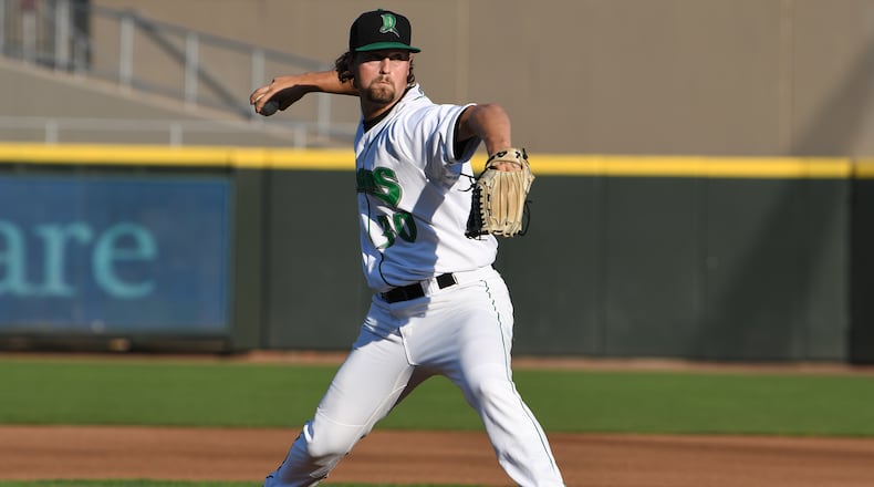 Dayton’s Patrick McGuff fires a pitch plateward during Wednesday night’s game at Fifth Third Field. Nick Falzerano/CONTRIBUTED