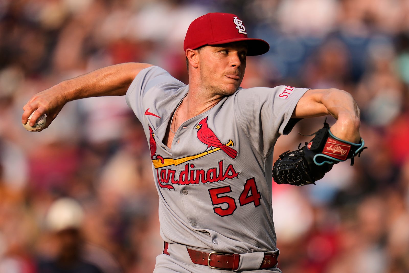 St. Louis Cardinals' Sonny Gray pitches in the first inning of a baseball game against the Cleveland Guardians in Cleveland, Friday, June 27, 2025. (AP Photo/Sue Ogrocki)